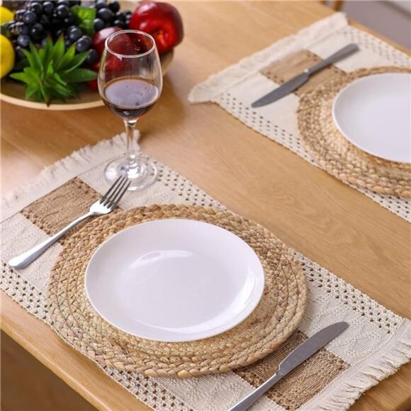 Handmade Boho Placemats Set of 6 - Natural Cotton Burlap and Water Straw Woven - Picture 4 of 7